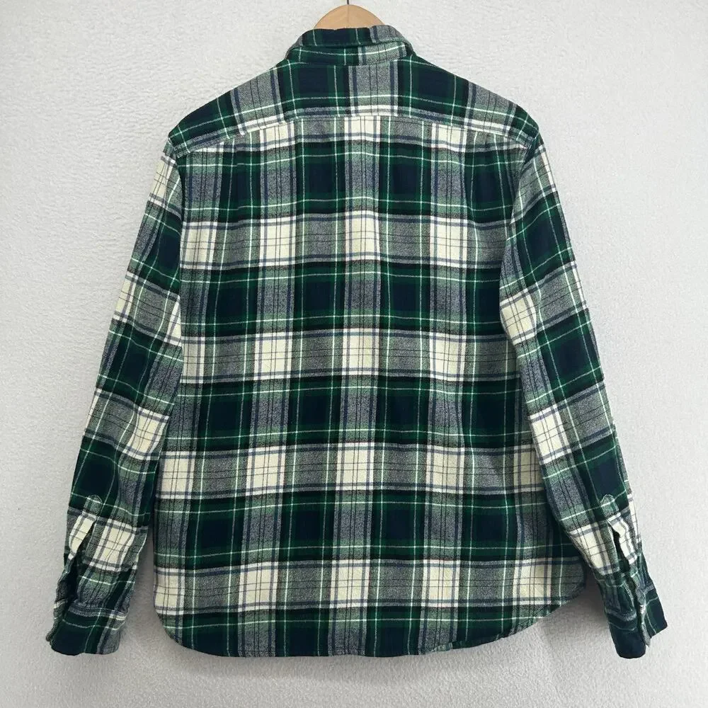 J.CREW Shirt Mens L Midweight Flannel Tartan Plaid Double Brushed Cotton Green